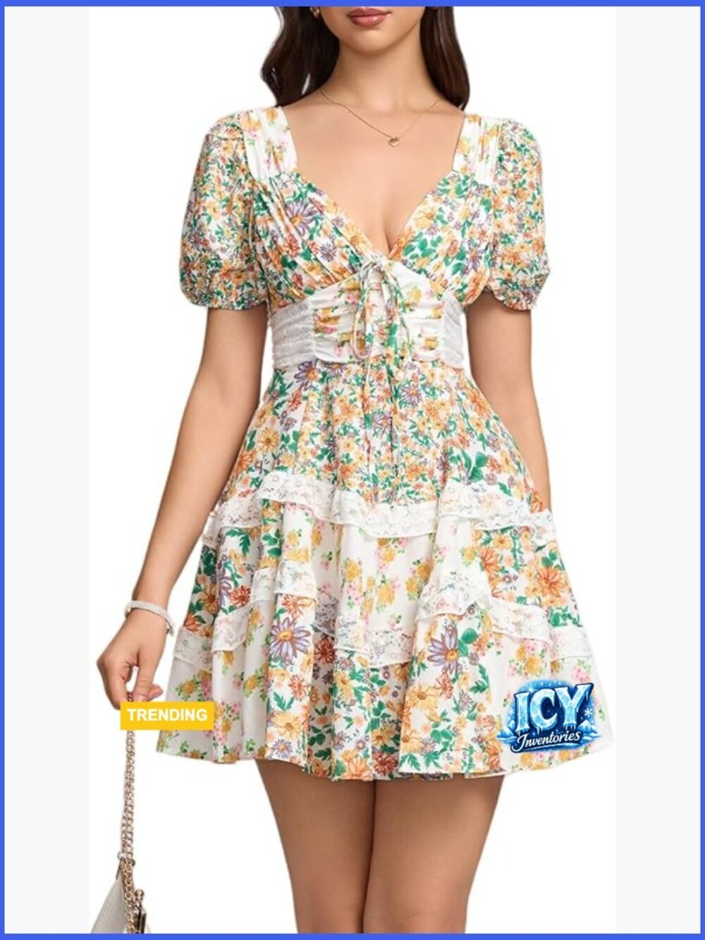 Floral Babydoll Dress with Lace Accents and Puff Sleeves